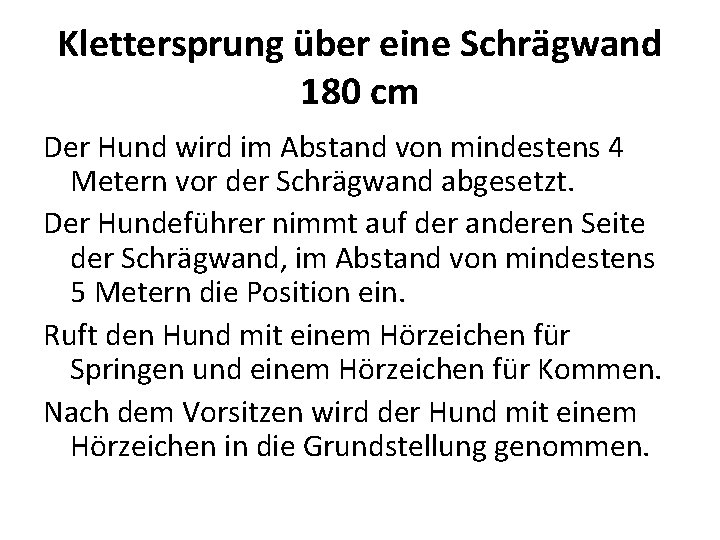 Klettersprung über eine Schrägwand 180 cm Der Hund wird im Abstand von mindestens 4