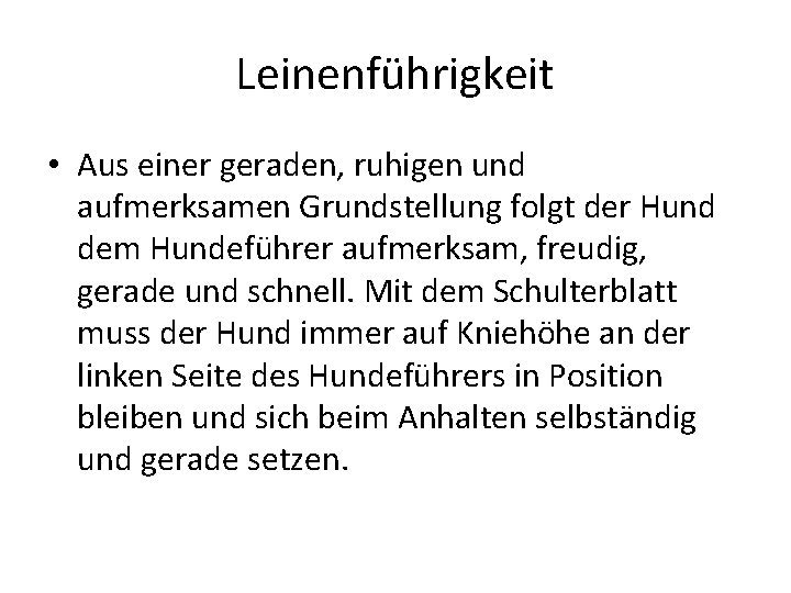 Leinenführigkeit • Aus einer geraden, ruhigen und aufmerksamen Grundstellung folgt der Hund dem Hundeführer