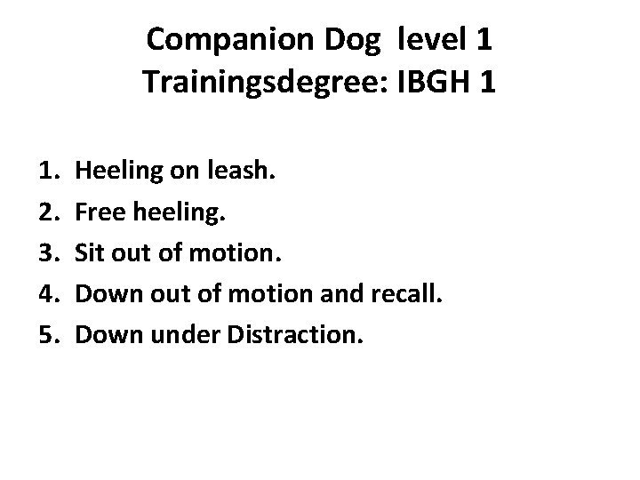 Companion Dog level 1 Trainingsdegree: IBGH 1 1. 2. 3. 4. 5. Heeling on