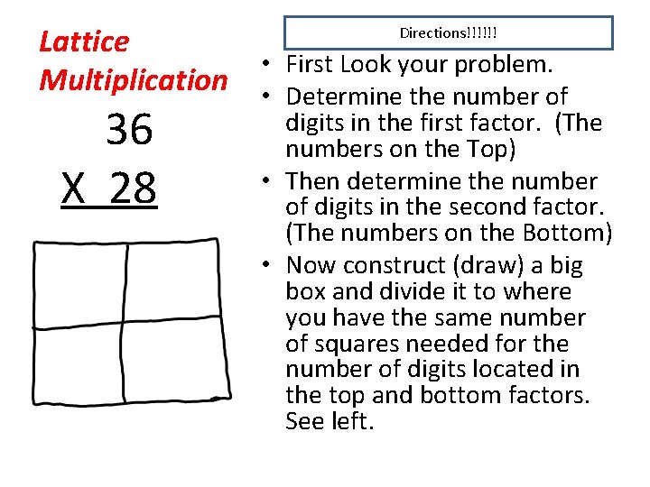 Lattice • First Look your problem. Multiplication • Determine the number of Directions!!!!!! 36