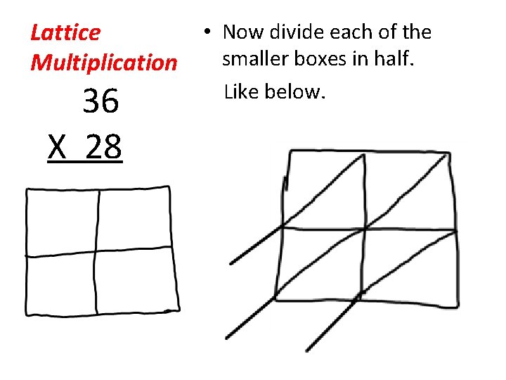  • Now divide each of the Lattice smaller boxes in half. Multiplication 36