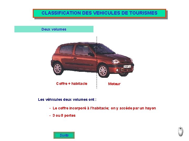 CLASSIFICATION DES VEHICULES DE TOURISMES Deux volumes Coffre + habitacle Moteur Les véhicules deux