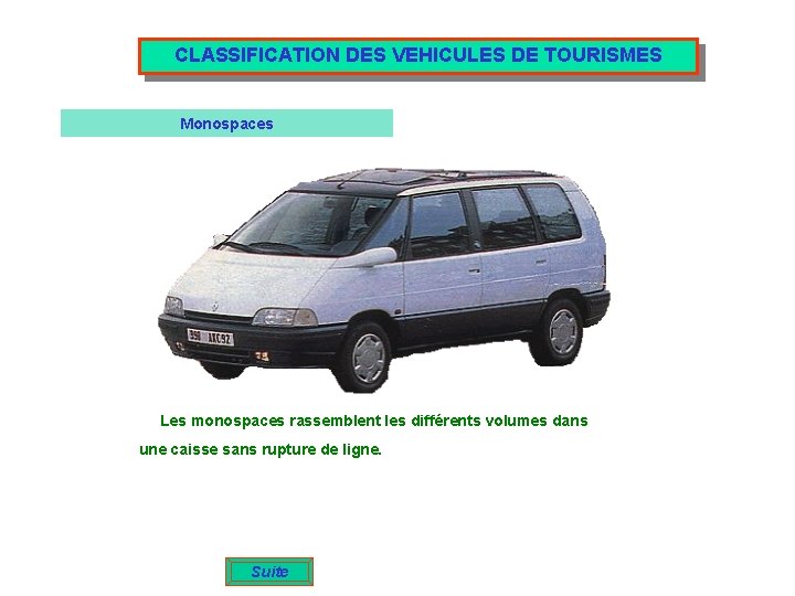 CLASSIFICATION DES VEHICULES DE TOURISMES Monospaces Les monospaces rassemblent les différents volumes dans une