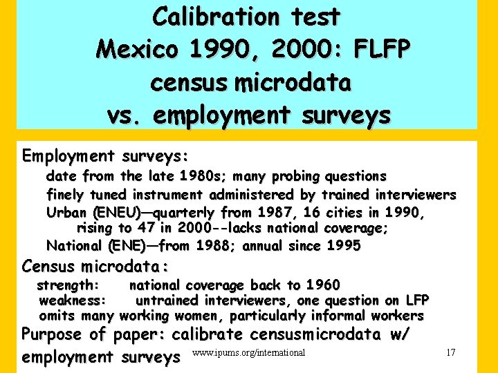 Calibration test Mexico 1990, 2000: FLFP census microdata vs. employment surveys Employment surveys: date