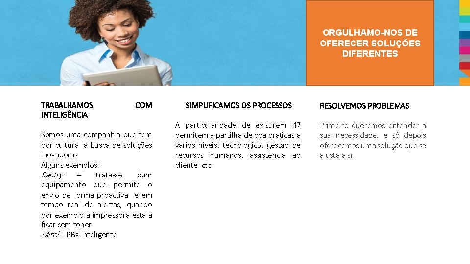 ORGULHAMO-NOS DE OFERECER SOLUÇÕES DIFERENTES TRABALHAMOS INTELIGÊNCIA COM Somos uma companhia que tem por