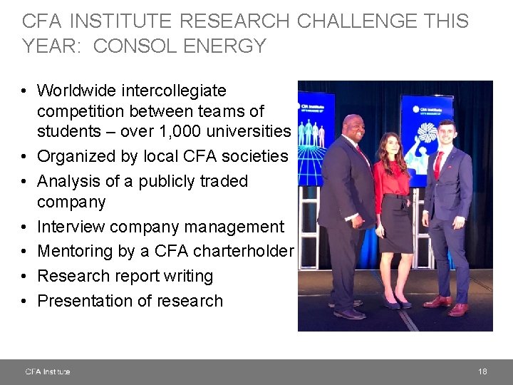 CFA INSTITUTE RESEARCH CHALLENGE THIS YEAR: CONSOL ENERGY • Worldwide intercollegiate competition between teams