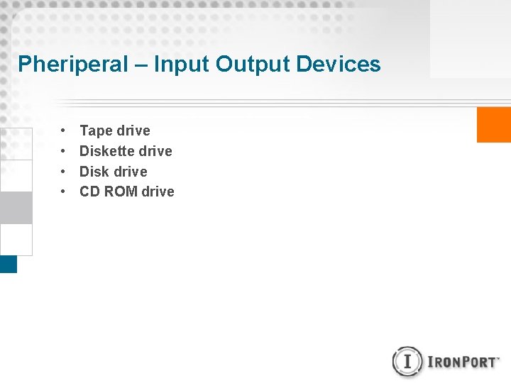 Pheriperal – Input Output Devices • • Tape drive Diskette drive Disk drive CD