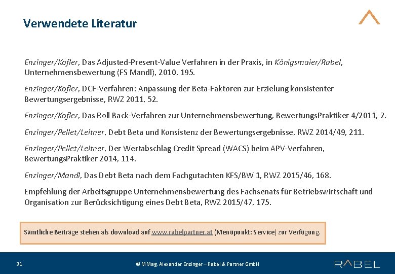 Verwendete Literatur Enzinger/Kofler, Das Adjusted-Present-Value Verfahren in der Praxis, in Königsmaier/Rabel, Unternehmensbewertung (FS Mandl),