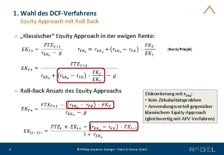 1. Wahl des DCF-Verfahrens Equity Approach mit Roll Back „Klassischer“ Equity Approach in der