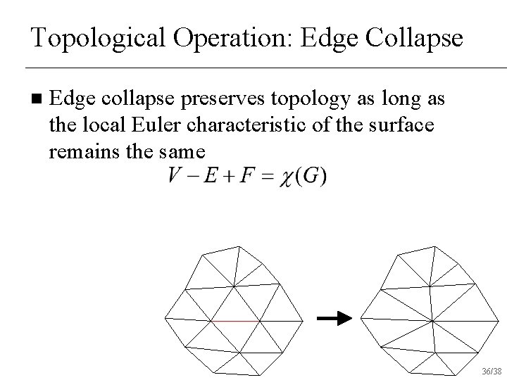 Topological Operation: Edge Collapse n Edge collapse preserves topology as long as the local Topological Operation: Edge Collapse n Edge collapse preserves topology as long as the local