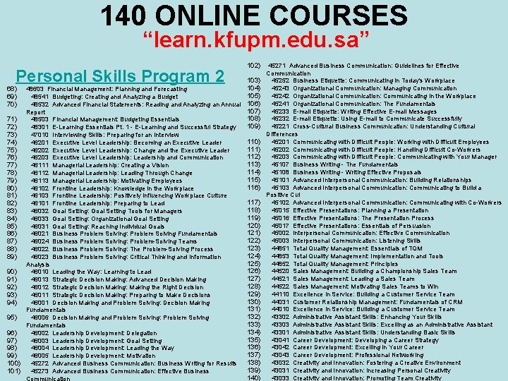 140 ONLINE COURSES “learn. kfupm. edu. sa” Personal Skills Program 2 68) 69) 70)