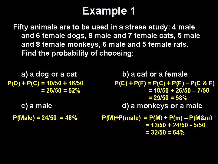 Example 1 Fifty animals are to be used in a stress study: 4 male