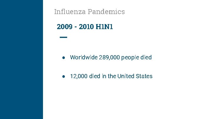 Influenza Pandemics 2009 - 2010 H 1 N 1 ● Worldwide 289, 000 people