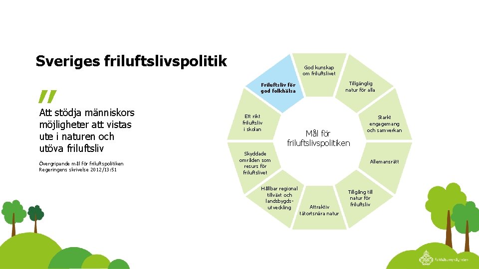 Sveriges friluftslivspolitik ” Att stödja människors möjligheter att vistas ute i naturen och utöva