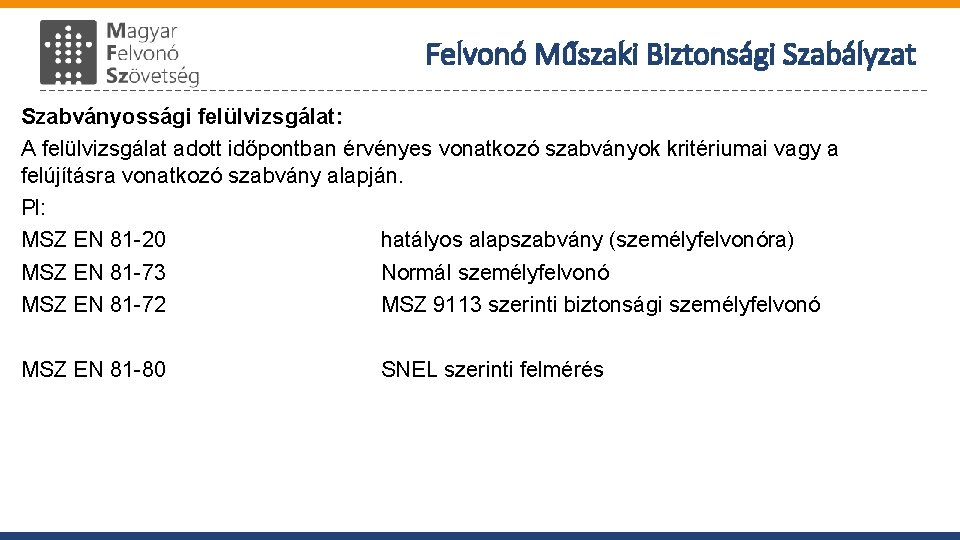 Felvonó Műszaki Biztonsági Szabályzat Szabványossági felülvizsgálat: A felülvizsgálat adott időpontban érvényes vonatkozó szabványok kritériumai