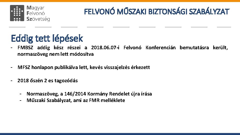FELVONÓ MŰSZAKI BIZTONSÁGI SZABÁLYZAT Eddig tett lépések - FMBSZ addig kész részei a 2018.