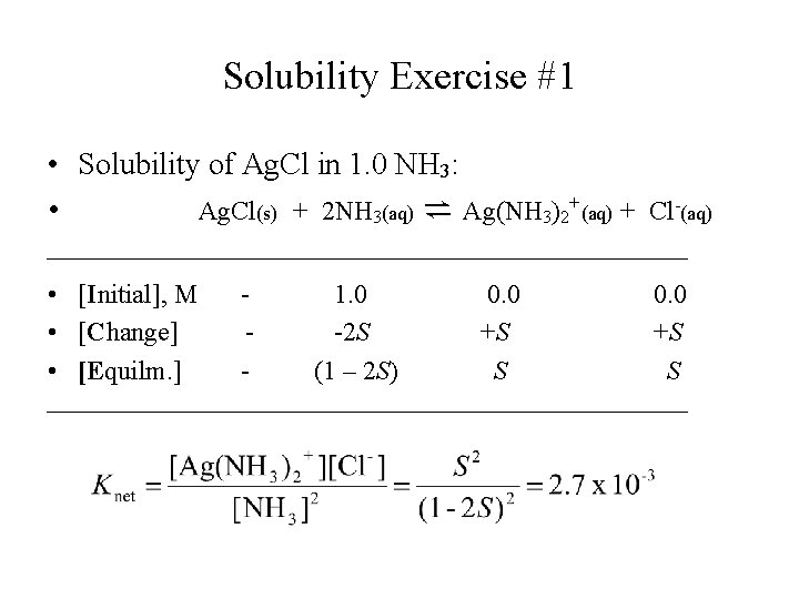 Solubility Exercise #1 • Solubility of Ag. Cl in 1. 0 NH 3: • Solubility Exercise #1 • Solubility of Ag. Cl in 1. 0 NH 3: •