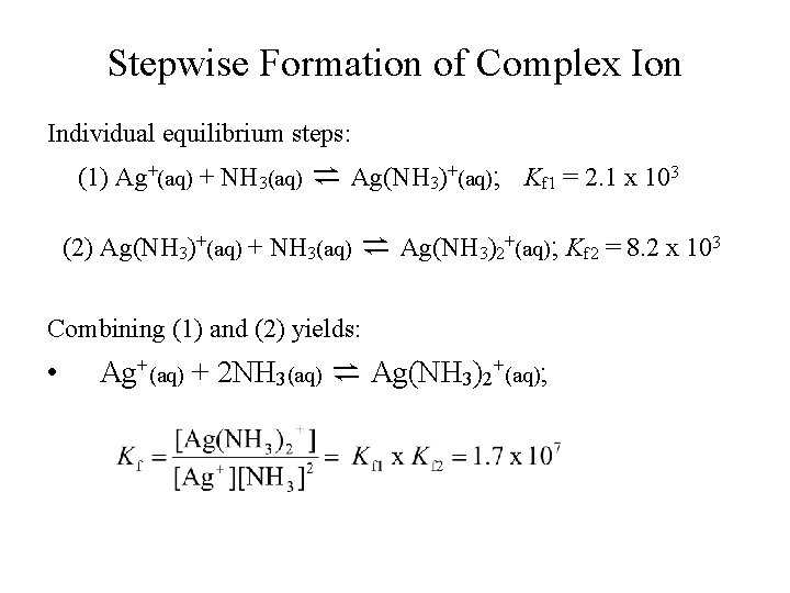 Stepwise Formation of Complex Ion Individual equilibrium steps: (1) Ag+(aq) + NH 3(aq) ⇌ Stepwise Formation of Complex Ion Individual equilibrium steps: (1) Ag+(aq) + NH 3(aq) ⇌