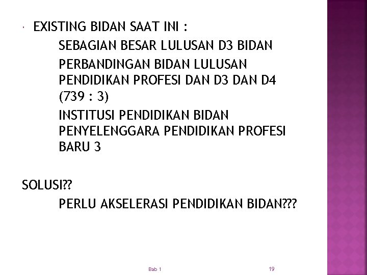  EXISTING BIDAN SAAT INI : SEBAGIAN BESAR LULUSAN D 3 BIDAN PERBANDINGAN BIDAN