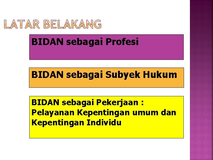 BIDAN sebagai Profesi BIDAN sebagai Subyek Hukum BIDAN sebagai Pekerjaan : Pelayanan Kepentingan umum