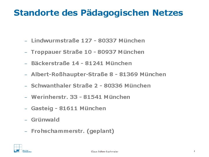 Standorte des Pädagogischen Netzes – Lindwurmstraße 127 - 80337 München – Troppauer Straße 10