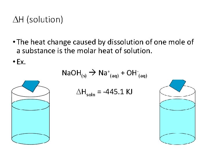 DH (solution) • The heat change caused by dissolution of one mole of a