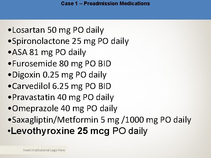Case 1 – Preadmission Medications • Losartan 50 mg PO daily • Spironolactone 25 Case 1 – Preadmission Medications • Losartan 50 mg PO daily • Spironolactone 25