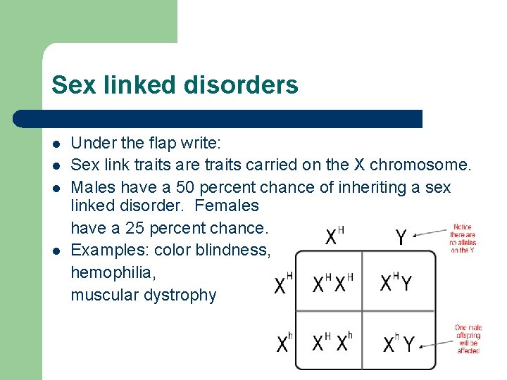 Sex linked disorders l l Under the flap write: Sex link traits are traits