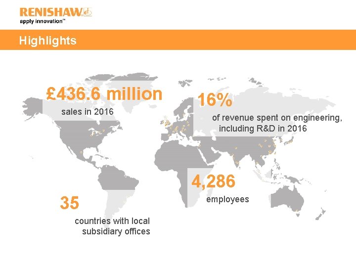 Highlights £ 436. 6 million sales in 2016 16% of revenue spent on engineering,