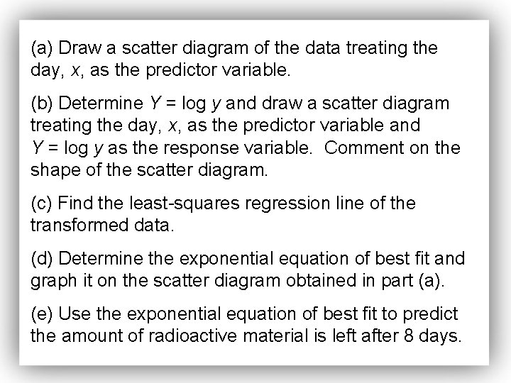 (a) Draw a scatter diagram of the data treating the day, x, as the