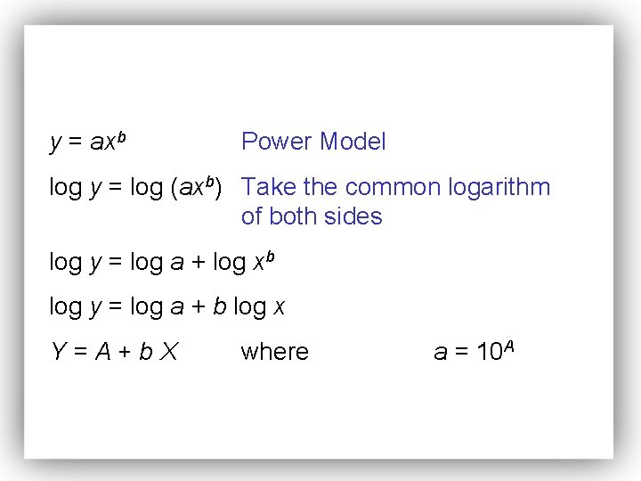 y = axb Power Model log y = log (axb) Take the common logarithm