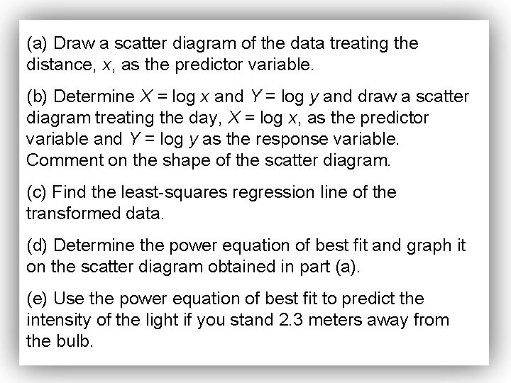 (a) Draw a scatter diagram of the data treating the distance, x, as the