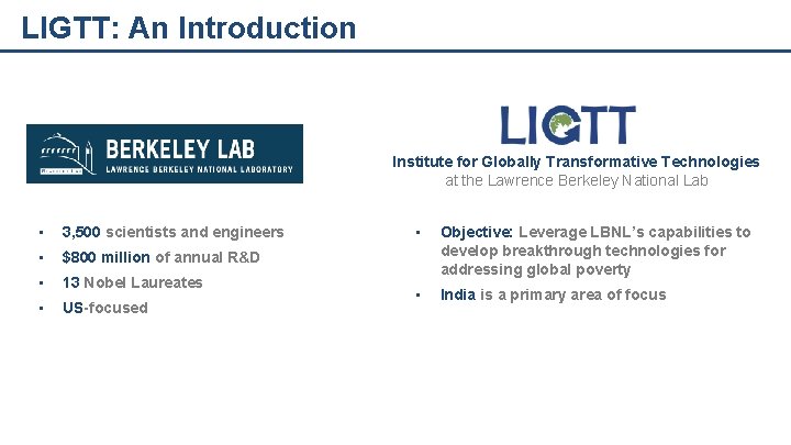 LIGTT: An Introduction Institute for Globally Transformative Technologies at the Lawrence Berkeley National Lab