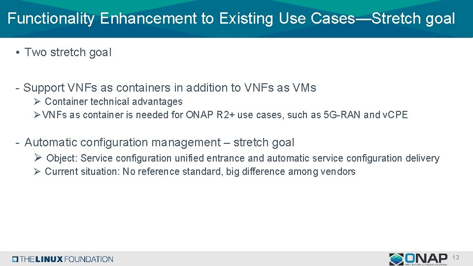 Functionality Enhancement to Existing Use Cases—Stretch goal • Two stretch goal - Support VNFs
