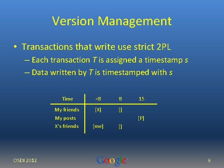 Version Management • Transactions that write use strict 2 PL – Each transaction T