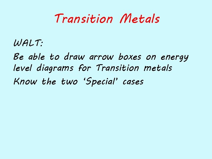 Transition Metals WALT: Be able to draw arrow boxes on energy level diagrams for