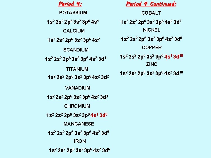 Period 4: Period 4 Continued: POTASSIUM COBALT 1 s 2 2 p 6 3