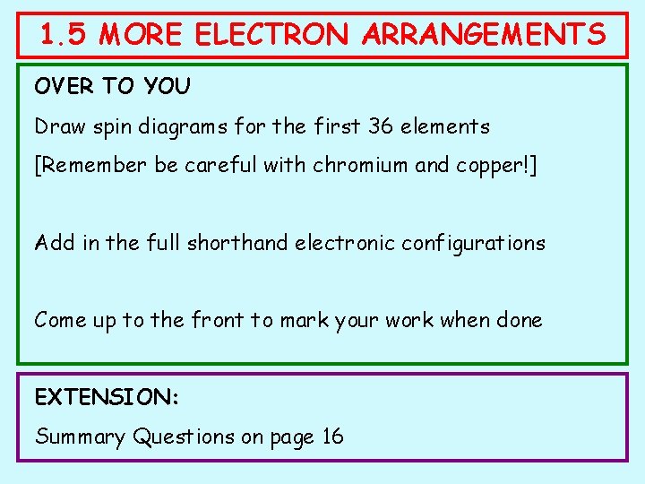 1. 5 MORE ELECTRON ARRANGEMENTS OVER TO YOU Draw spin diagrams for the first