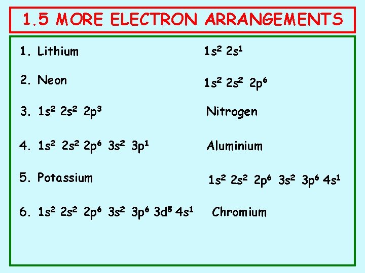 1. 5 MORE ELECTRON ARRANGEMENTS 1. Lithium 1 s 2 2 s 1 2.