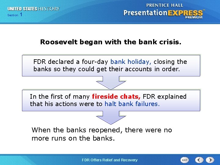 Section 1 Roosevelt began with the bank crisis. FDR declared a four-day bank holiday,