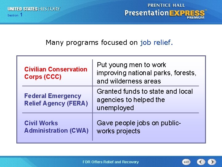 Section 1 Many programs focused on job relief. Civilian Conservation Corps (CCC) Put young