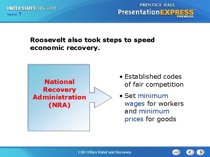 Section 1 Roosevelt also took steps to speed economic recovery. National Recovery Administration (NRA)