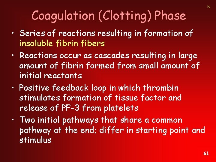 N Coagulation (Clotting) Phase • Series of reactions resulting in formation of insoluble fibrin