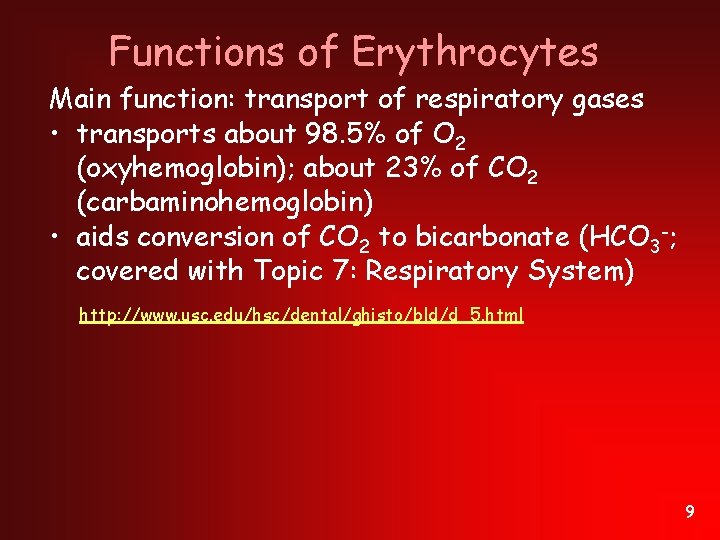 Functions of Erythrocytes Main function: transport of respiratory gases • transports about 98. 5%