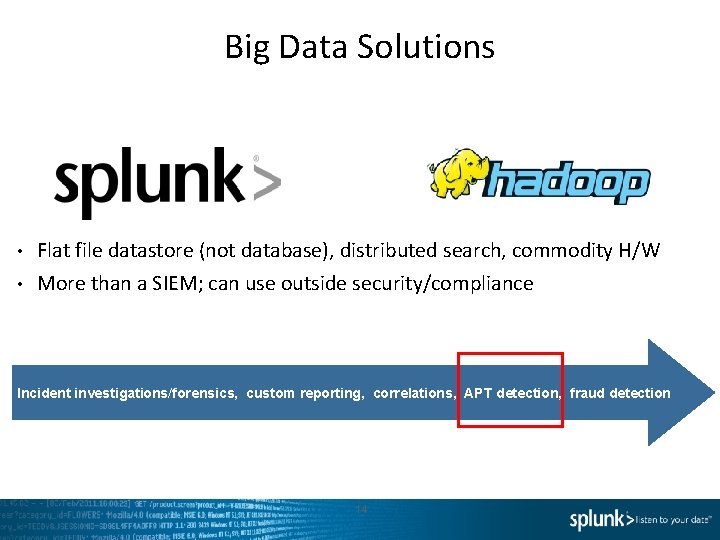 Big Data Solutions • Flat file datastore (not database), distributed search, commodity H/W •