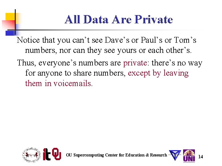 All Data Are Private Notice that you can’t see Dave’s or Paul’s or Tom’s All Data Are Private Notice that you can’t see Dave’s or Paul’s or Tom’s