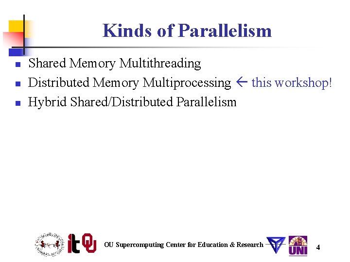 Kinds of Parallelism n n n Shared Memory Multithreading Distributed Memory Multiprocessing this workshop! Kinds of Parallelism n n n Shared Memory Multithreading Distributed Memory Multiprocessing this workshop!