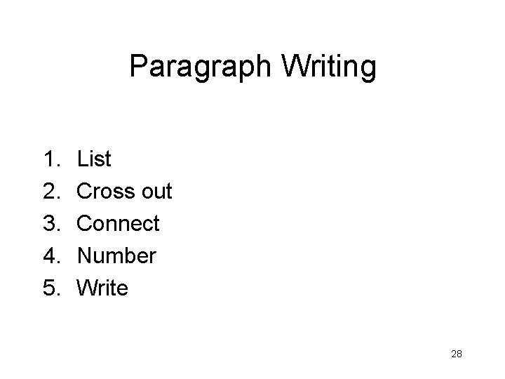 Paragraph Writing 1. 2. 3. 4. 5. List Cross out Connect Number Write 28