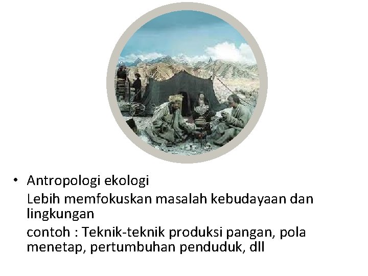  • Antropologi ekologi Lebih memfokuskan masalah kebudayaan dan lingkungan contoh : Teknik-teknik produksi