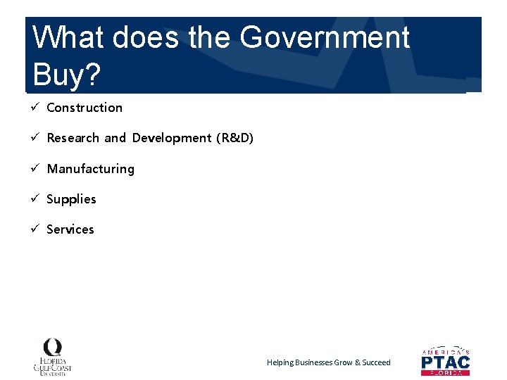 What does the Government Buy? ü Construction ü Research and Development (R&D) ü Manufacturing